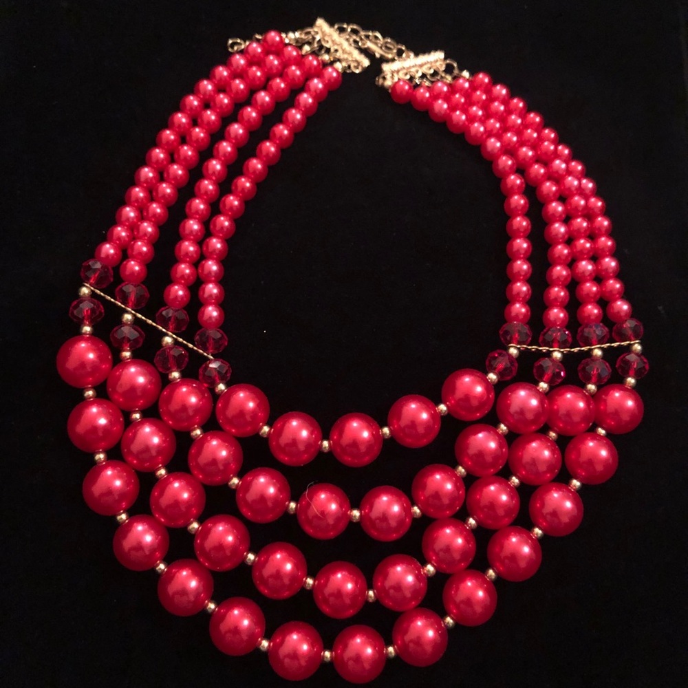 Red and Gold Tone Beaded Bib Necklace